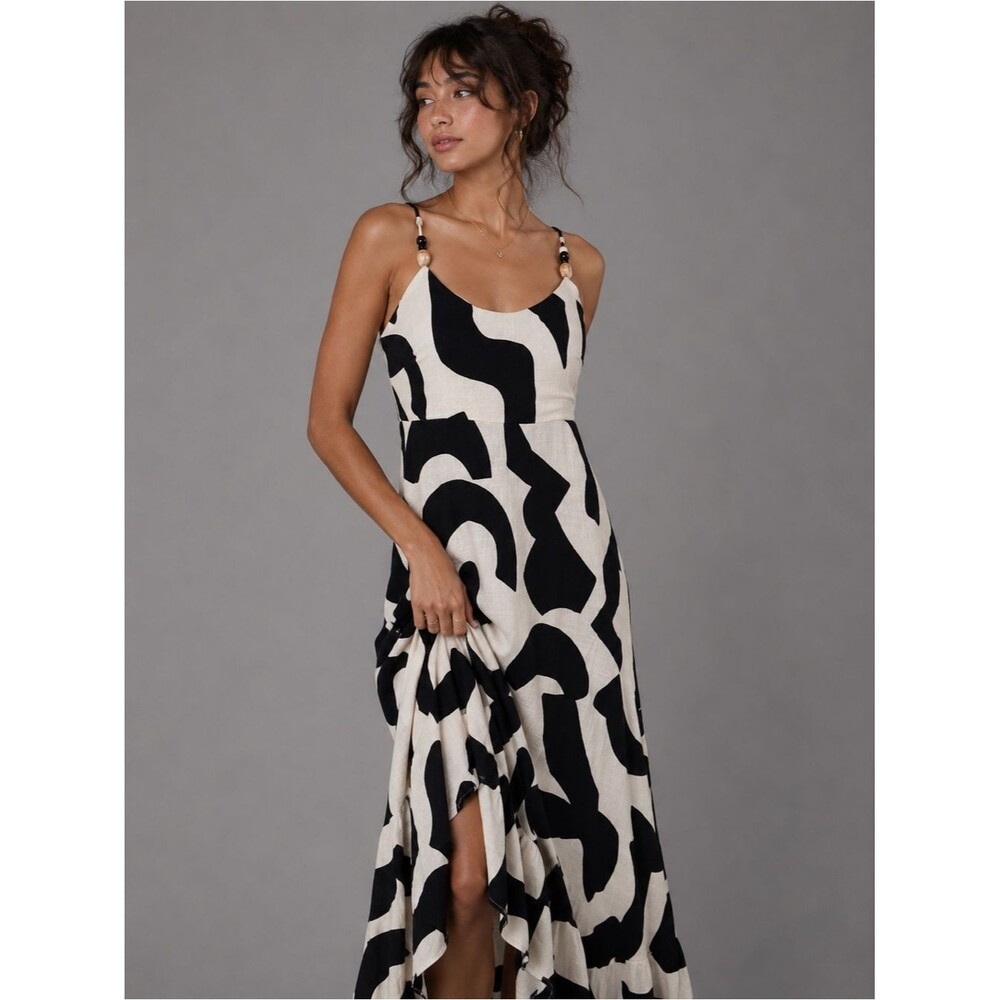 Paper Heart XS Black White Abstract Linen Blend Midi Dress Beaded Straps